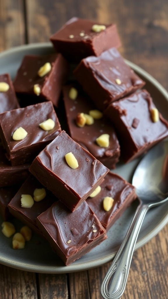 Quick 1-Minute Microwave Fudge Recipe Delicious chocolate fudge squares on a plate, some topped with nuts, on a wooden table.